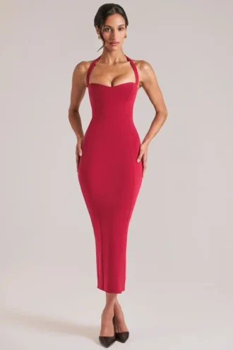 Rochie midi cu gât halter Landen în roșu cireș Rochie midi cu gât halter Landen în roșu cireș