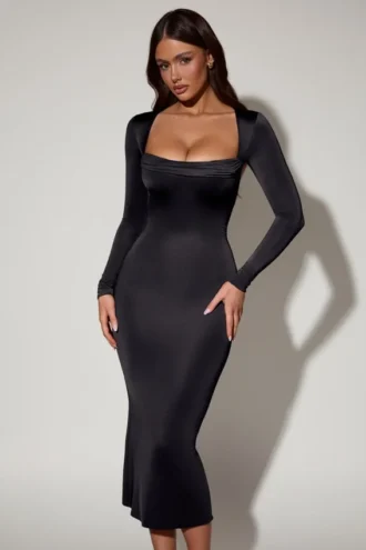 Rochie midi cu guler înalt și mâneci lungi Aimee, negru Rochie midi cu guler înalt și mâneci lungi Aimee, negru