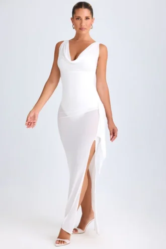 Rochie midi cu guler înalt și volane Deva, albă