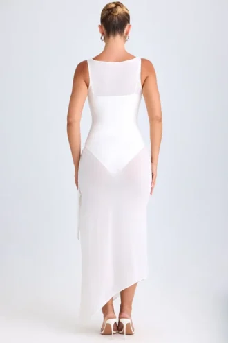 Rochie midi cu guler înalt și volane Deva, albă