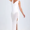 Rochie midi cu guler înalt și volane Deva, albă Rochie midi cu guler înalt și volane Deva, albă