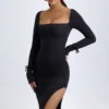 Rochie midi cu mâneci lungi și gât pătrat din modal Sawyer, negru