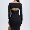 Rochie midi cu mâneci lungi și gât pătrat din modal Sawyer, negru