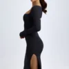 Rochie midi cu mâneci lungi și gât pătrat din modal Sawyer, negru