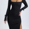 Rochie midi cu mâneci lungi și gât pătrat din modal Sawyer, negru
