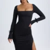 Rochie midi cu mâneci lungi și gât pătrat din modal Sawyer, negru