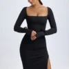 Rochie midi cu mâneci lungi și gât pătrat din modal Sawyer, negru
