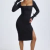Rochie midi cu mâneci lungi și gât pătrat din modal Sawyer, negru