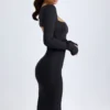 Rochie midi cu mâneci lungi și gât pătrat din modal Sawyer, negru