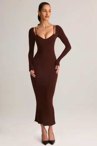 Rochie midi cu mâneci lungi Ori Modal Peekaboo în culoarea ciocolatiu