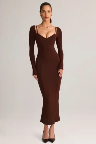 Rochie midi cu mâneci lungi Ori Modal Peekaboo în culoarea ciocolatiu