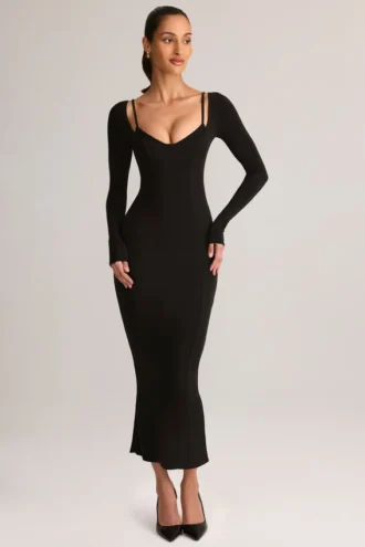 Rochie midi cu mâneci lungi Ori Modal Peekaboo, negru