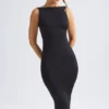 Rochie midi cu spate decupat și volane, model Grainne, în negru Rochie midi cu spate decupat și volane, model Grainne, în negru
