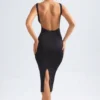 Rochie midi cu spate decupat și volane, model Grainne, în negru Rochie midi cu spate decupat și volane, model Grainne, în negru