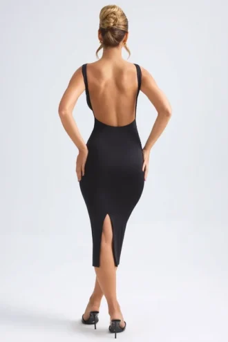 Rochie midi cu spate decupat și volane, model Grainne, în negru