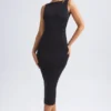 Rochie midi cu spate decupat și volane, model Grainne, în negru Rochie midi cu spate decupat și volane, model Grainne, în negru