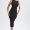 Rochie midi cu spate decupat și volane, model Grainne, în negru Rochie midi cu spate decupat și volane, model Grainne, în negru
