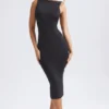 Rochie midi cu spate decupat și volane, model Grainne, în negru Rochie midi cu spate decupat și volane, model Grainne, în negru