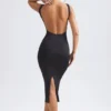 Rochie midi cu spate decupat și volane, model Grainne, în negru Rochie midi cu spate decupat și volane, model Grainne, în negru