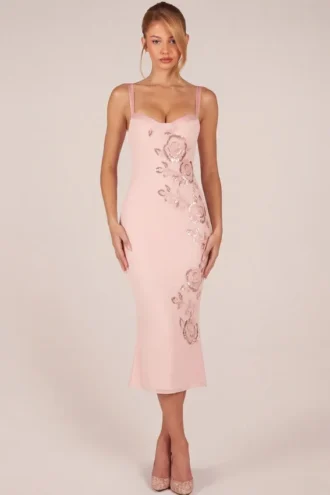 Rochie midi cu tiv evazat și decupaje decorative Cherelle, în roz