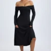 Rochie midi cu umeri decupați și drapaje Noelle din modal, negru Rochie midi cu umeri decupați și drapaje Noelle din modal, negru