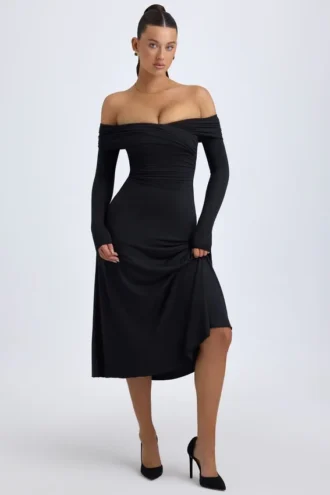Rochie midi cu umeri decupați și drapaje Noelle din modal, negru