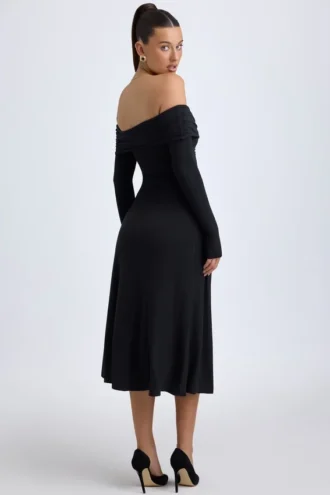 Rochie midi cu umeri decupați și drapaje Noelle din modal, negru