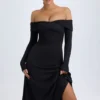 Rochie midi cu umeri decupați și drapaje Noelle din modal, negru Rochie midi cu umeri decupați și drapaje Noelle din modal, negru