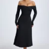 Rochie midi cu umeri decupați și drapaje Noelle din modal, negru Rochie midi cu umeri decupați și drapaje Noelle din modal, negru