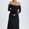 Rochie midi cu umeri decupați și drapaje Noelle din modal, negru Rochie midi cu umeri decupați și drapaje Noelle din modal, negru