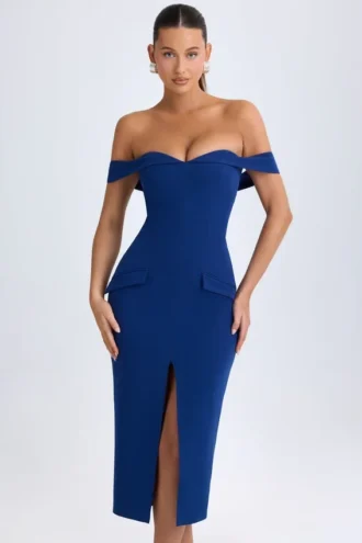 Rochie midi cu umeri decupați Rasine în albastru închis