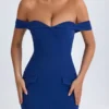 Rochie midi cu umeri decupați Rasine în albastru închis Rochie midi cu umeri decupați Rasine în albastru închis