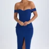 Rochie midi cu umeri decupați Rasine în albastru închis Rochie midi cu umeri decupați Rasine în albastru închis