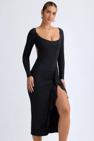 Rochie midi cu volane Tarai Modal, negru