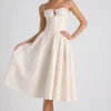 Rochie midi din poplin cu pliuri și bordură din dantelă Esmeralda, în culoarea Ivory