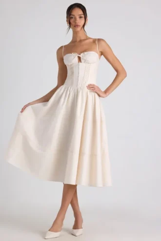 Rochie midi din poplin cu pliuri și bordură din dantelă Esmeralda, în culoarea Ivory