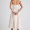 Rochie midi din poplin cu pliuri și bordură din dantelă Esmeralda, în culoarea Ivory