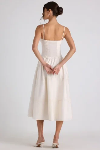 Rochie midi din poplin cu pliuri și bordură din dantelă Esmeralda, în culoarea Ivory