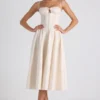 Rochie midi din poplin cu pliuri și bordură din dantelă Esmeralda, în culoarea Ivory