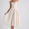 Rochie midi din poplin cu pliuri și bordură din dantelă Esmeralda, în culoarea Ivory