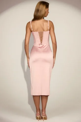 Rochie midi din satin cu corset cu decolteu rotund din dantelă Taliah, roz