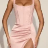 Rochie midi din satin cu corset cu decolteu rotund din dantelă Taliah, roz