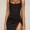 Rochie midi din satin cu corset și decolteu rotund din dantelă Taliah, negru