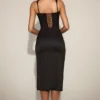 Rochie midi din satin cu corset și decolteu rotund din dantelă Taliah, negru