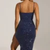 Rochie midi drapată cu corset și ornamente Eliora, în albastru închis Rochie midi drapată cu corset și ornamente Eliora, în albastru închis