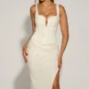 Rochie midi drapată cu ornamente Eliora, albă Rochie midi drapată cu ornamente Eliora, albă
