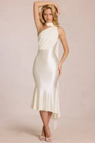 Rochie midi Giada cu detaliu eșarfă, culoare ivoriu Rochie midi Giada cu detaliu eșarfă, culoare ivoriu