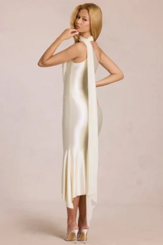 Rochie midi Giada cu detaliu eșarfă, culoare ivoriu Rochie midi Giada cu detaliu eșarfă, culoare ivoriu