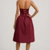 Rochie midi Gloriana cu talie înaltă, detaliu fundă și tiv bufant, în culoarea roșu vin