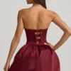 Rochie midi Gloriana cu talie înaltă, detaliu fundă și tiv bufant, în culoarea roșu vin